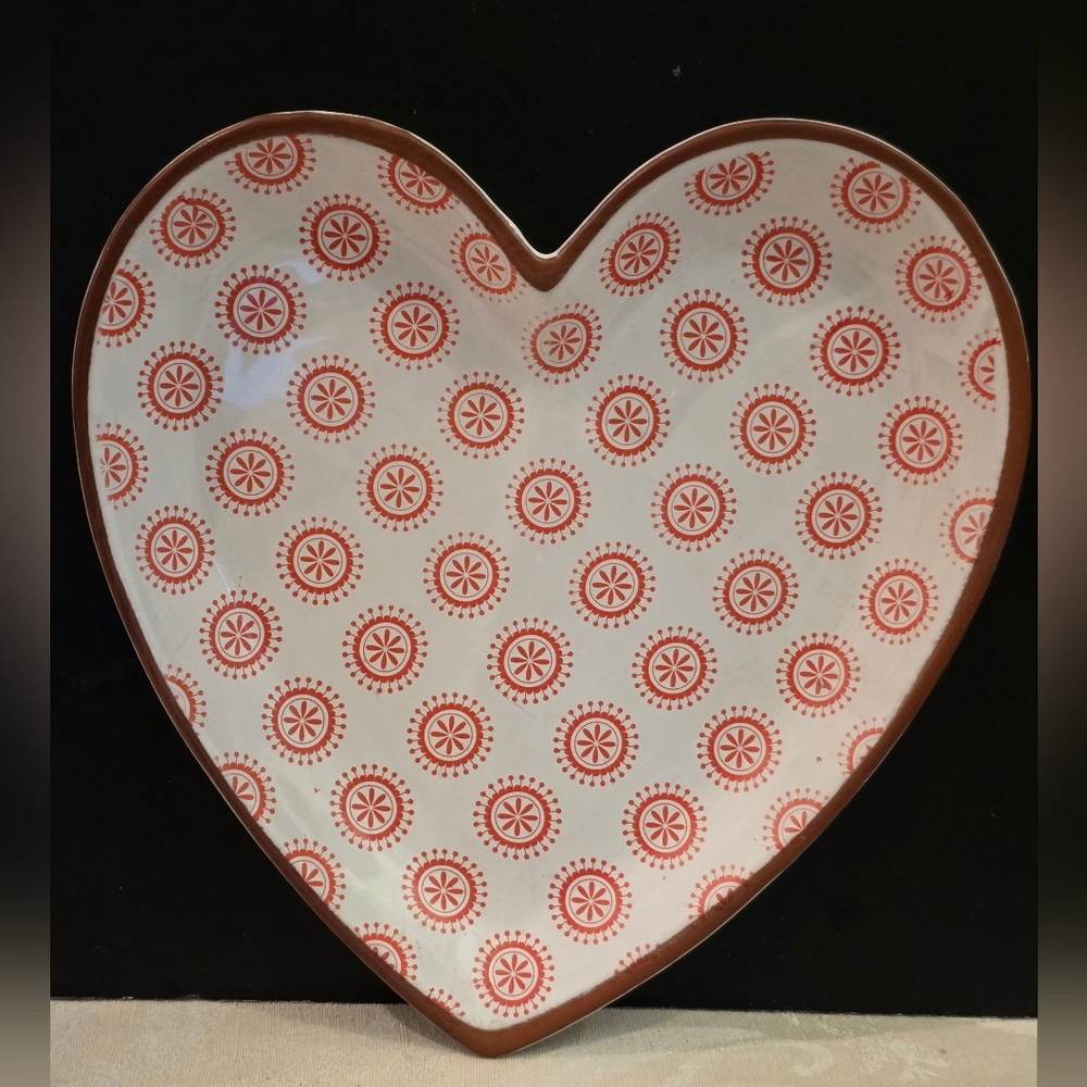 Boston International Red Cherry Dot Heart Shaped Terracotta Dish 8.5"×8.25"